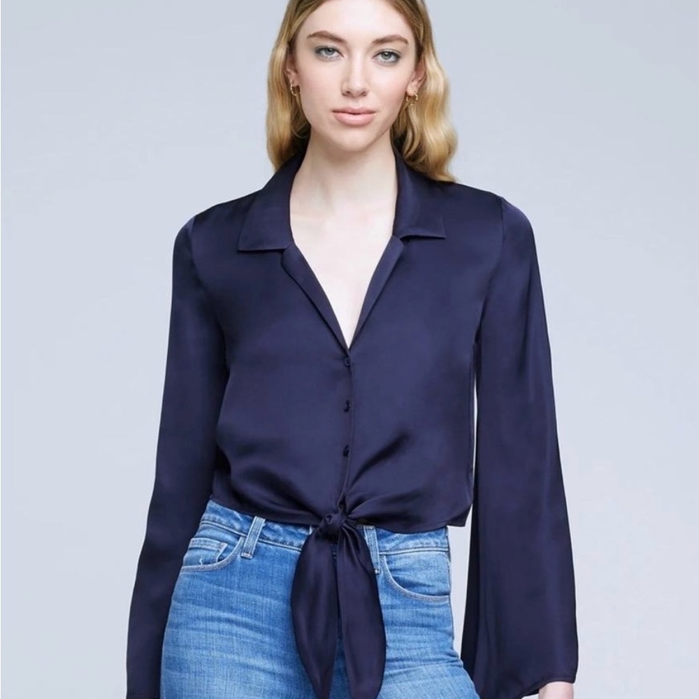 L'AGENCE Silk Navy Tie-Front Blouse